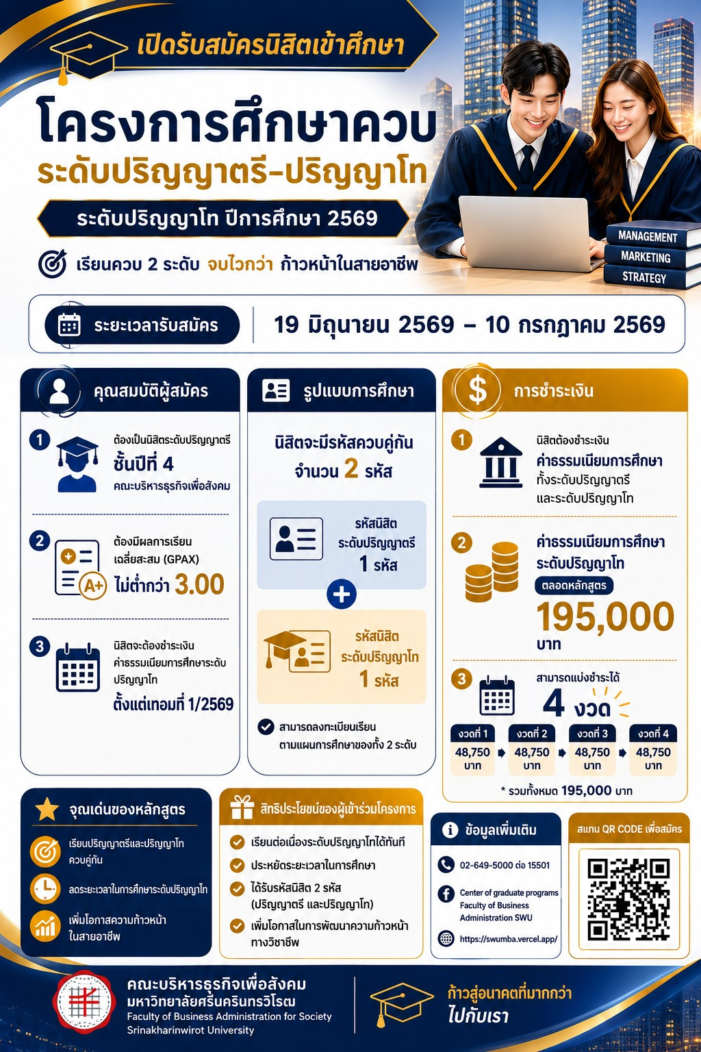 เปิดรับสมัครนิสิตระดับปริญญาตรีที่สนใจเข้าศึกษาต่อระดับปริญญาโท (หลักสูตรควบมากกว่าหนึ่งปริญญา) ประจำปีการศึกษา 2569